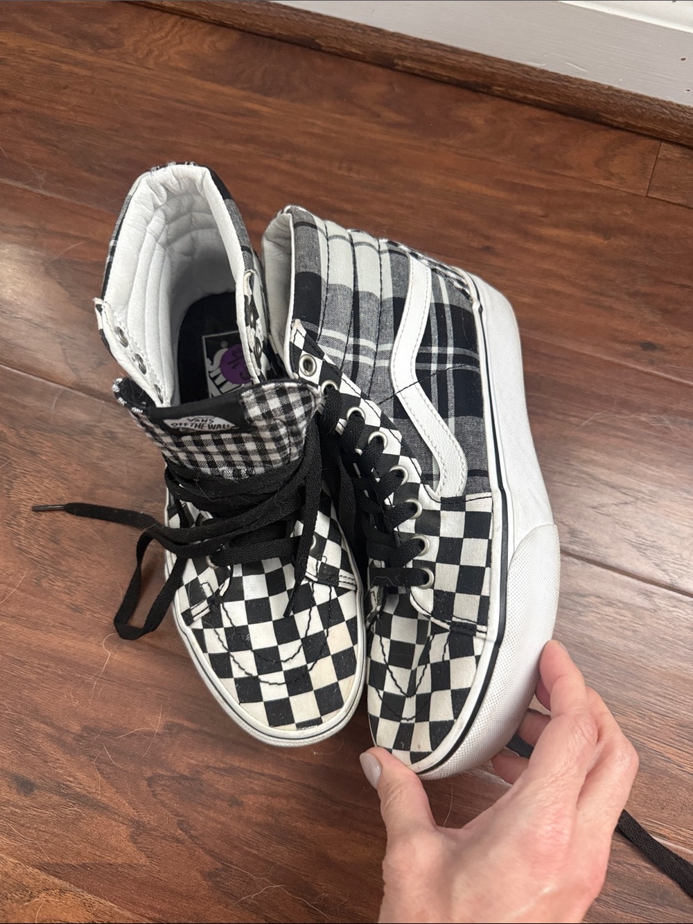 Vans Black and White Checkerboard High-Top Sneakers - Picture 4 of 5